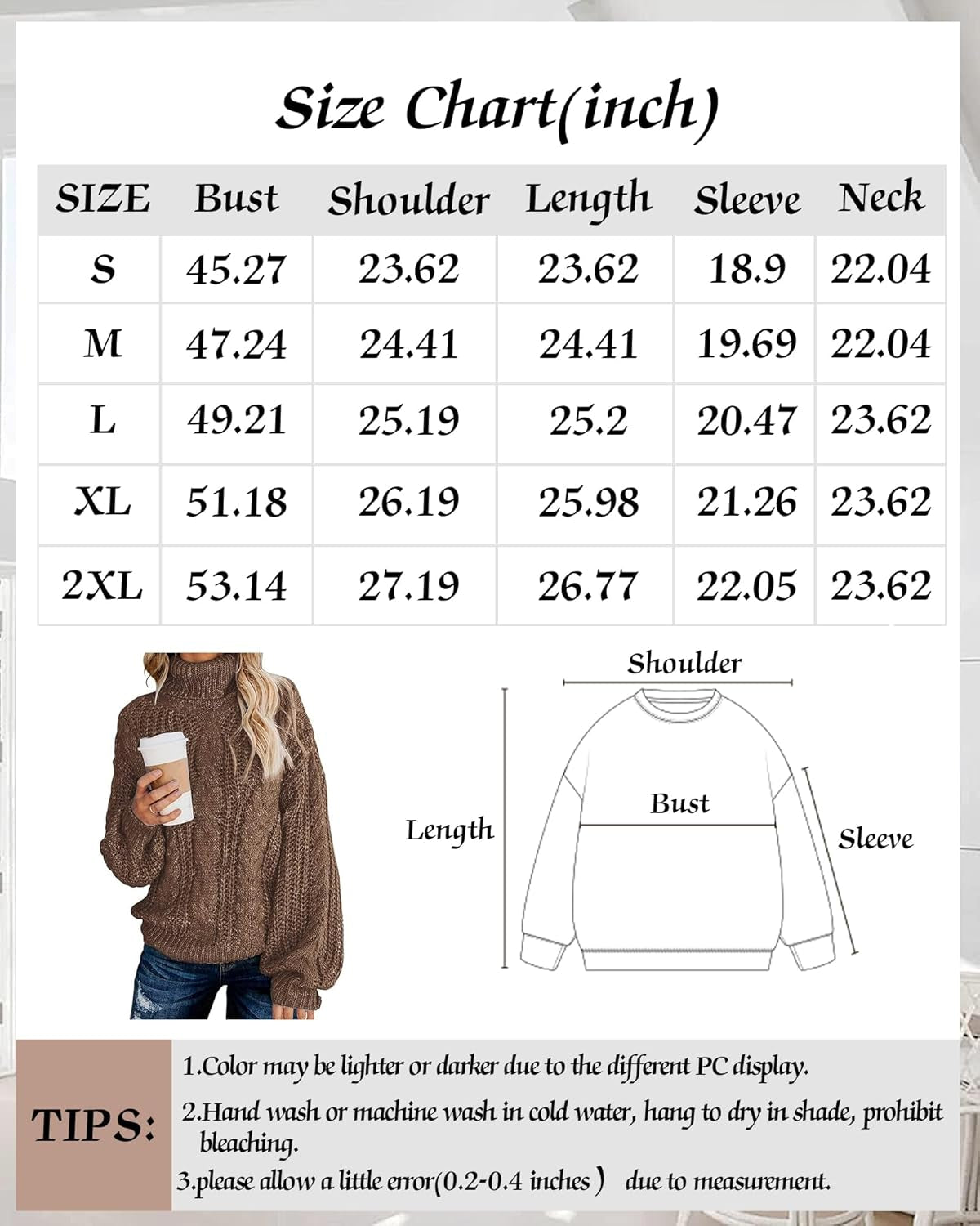 Chic Ballon Sleeve Winter Turtleneck Chunky Sweater Slouchy Oversized Loose Pullover Outerwear Warm Thick